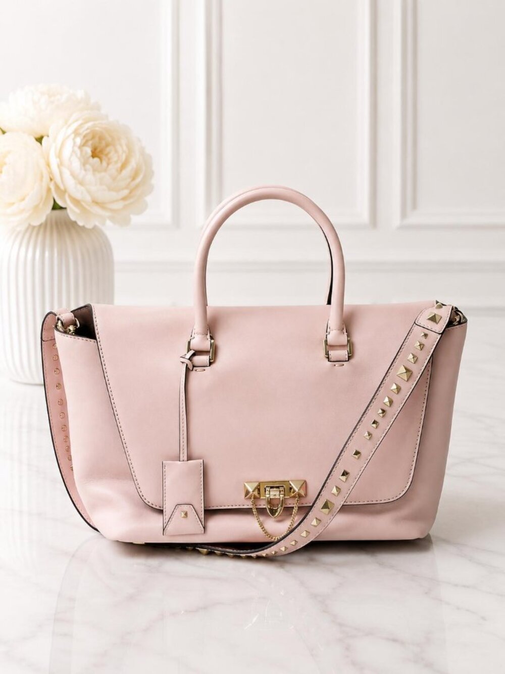 Valentino Garavani Blush Pink Rockstud Large Satchel Shoulder Bag
